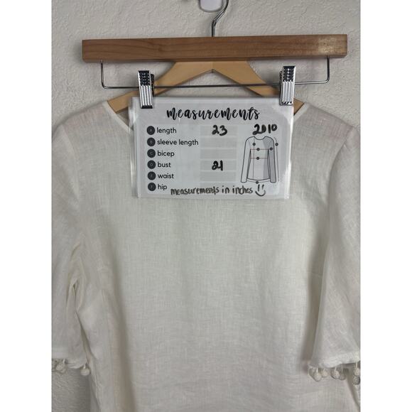 Talbots Linen Women’s Blouse Size Medium White Pom Pom Beachy Breathable Preppy - Picture 9 of 9